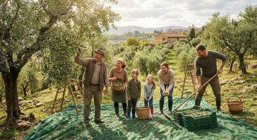 Famiglia che raccoglie olive in un oliveto