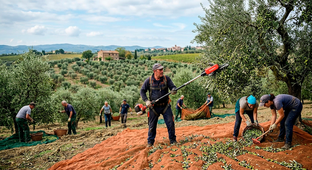 Raccolta delle olive in un oliveto